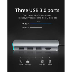 ADAPTADOR 8 EN 1 TIPO C A HUB COM PORTAS TIPO C / PD / USB3.0 / HDMI / SD / TF / AUDIO | BASIX MATE 8 (12990)