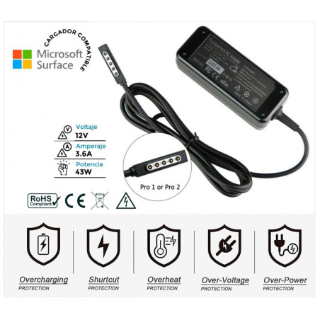 CARREGADOR COMPATÍVEL MICROSOFT SURFACE 2 SURFACE PRO 2 SERIES | 43W 12V/3.6A W9S-00001 W9S-00004 (01771)