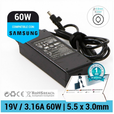 CARREGADOR SAMSUNG COMPATÍVEL | 19V/3,16A | 5,5 x 3,0 mm | 60W (00036)