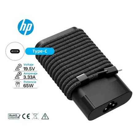 CARREGADOR HP 65W USB-C · 5V/3A 9V/3A 12V/5A 15V/4.33A 20V/3.25A TIPO OVAL (36453)