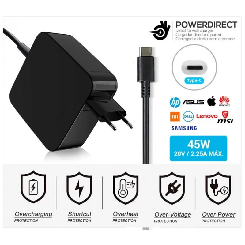 CARREGADOR HP COMPATÍVEL USB-C 45W DIRETO Á PAREDE (09100DP)